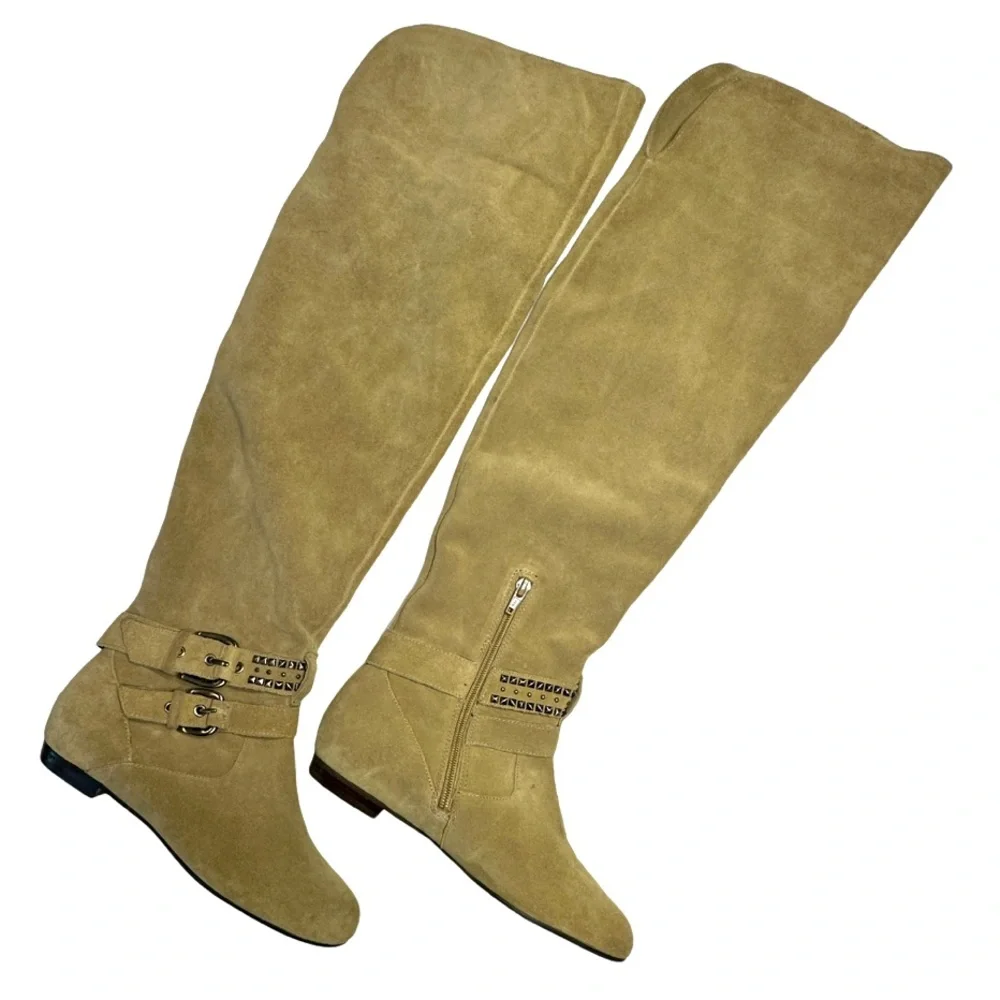 BCBG Generation | Over the Knee Suede Boot Christina New Taupe Spike Stud Accent
